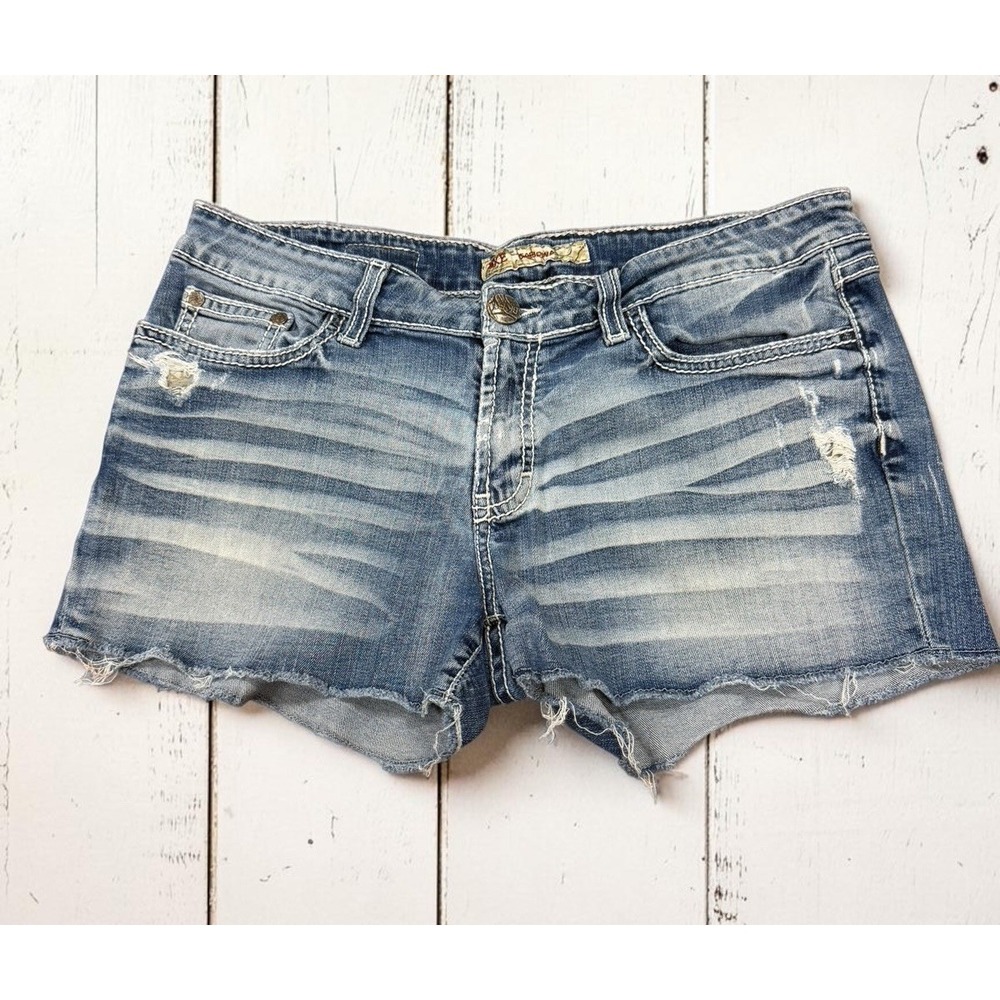 BKE Denim Payton Shorts Womens Size 31 Blue Distressed Stretch Low Rise Cutoff